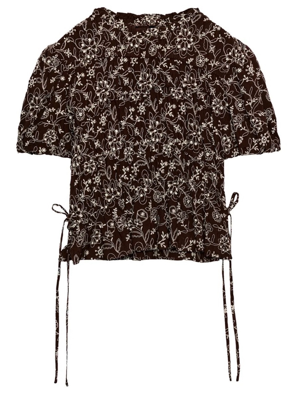 ZARA Brown Floral Short-Sleeve Smocked Top